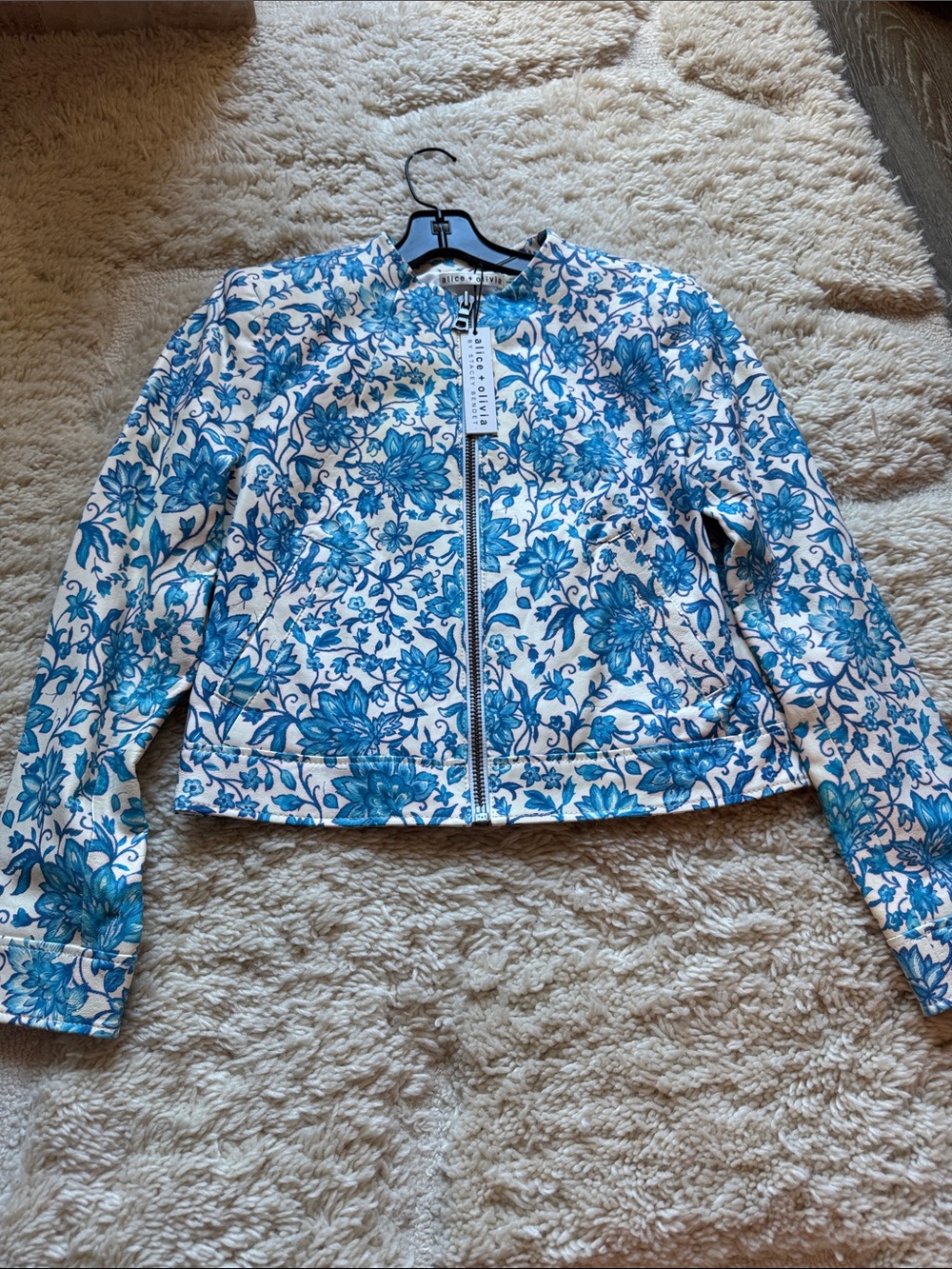 Alice and Olivia Blue Floral Leather Jacket